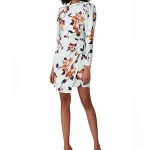 A.L.C. Jane Stretch Crepe Floral Long Puff Sleeve Draped Wrap Skirt Mini Dress